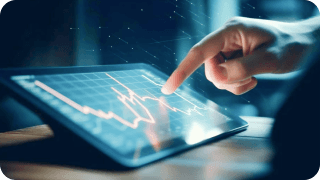 Image of hand on a tablet reviewing numbers of a financial plan.